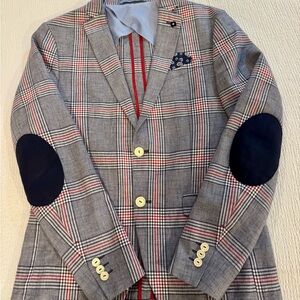 Zara Gray Plaid Sport Coat with Navy Elbow Patches